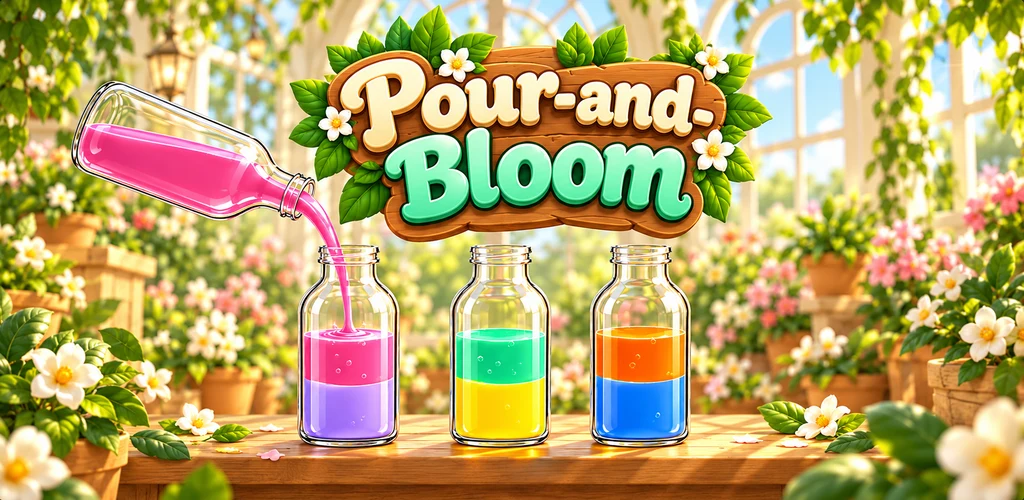 Pour-and-Bloom promotional illustration: pink liquid pouring into a matching bottle in a sunny greenhouse